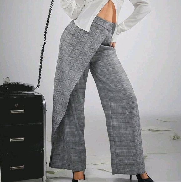 Plaid Fold Asymmetrical Wide Leg Pants - Picture 1 of 5